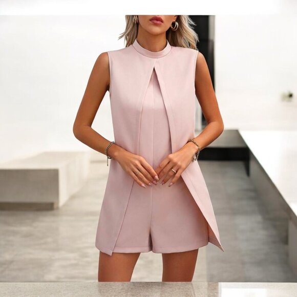 Boutique Pants - Solid Zip Back Mock Neck Romper, a chic and elegant addition to your wardrobe